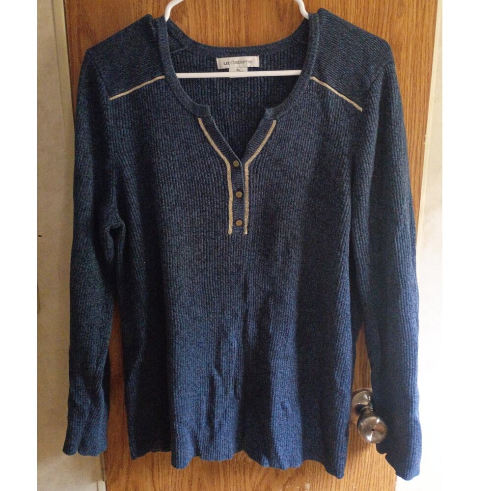Navy Blue Ribbed Cotton Sweater XL Gold Trim Henley Speckled Cozy Quiet Luxury